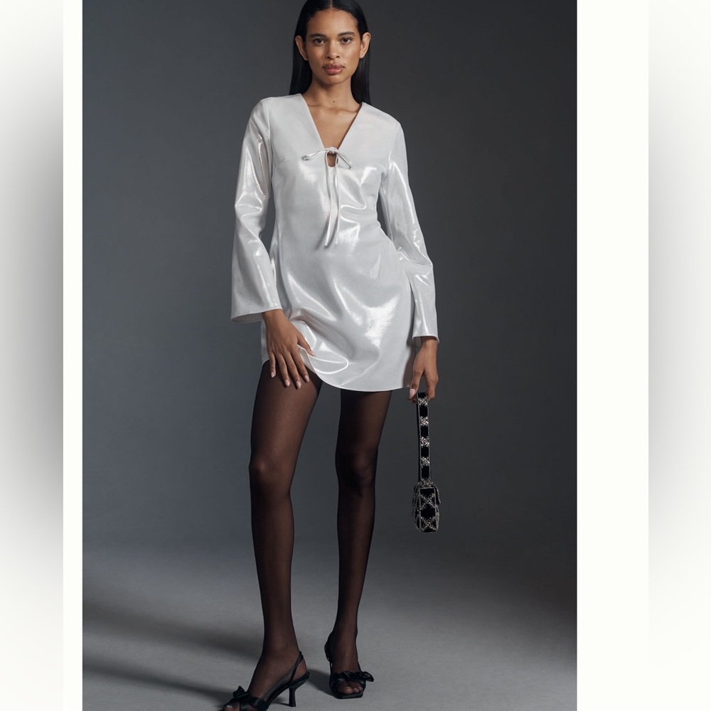 Nwt Anthropologie Metallic Long-Sleeve V-Neck Dress